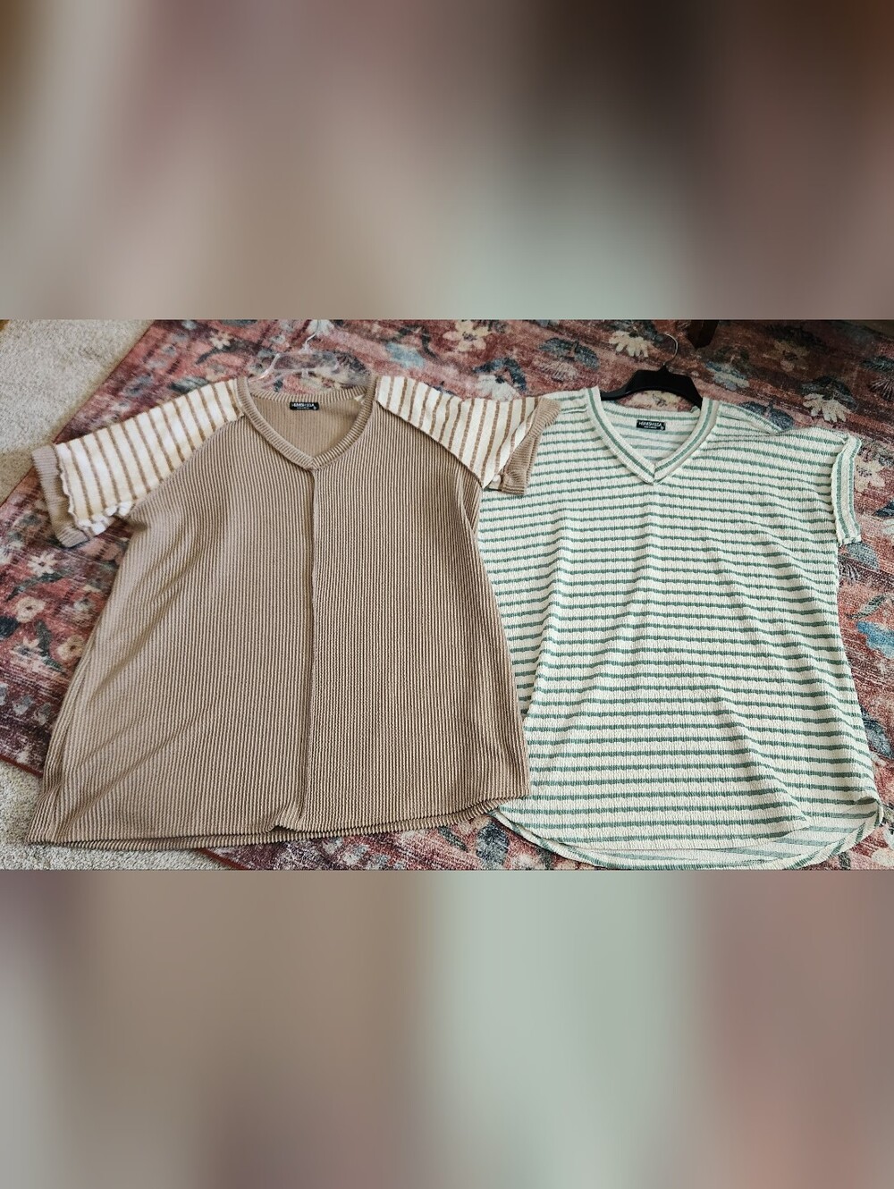 HEIMISH USA Beige Ribbed Tee & Mint Striped V‑Neck Set